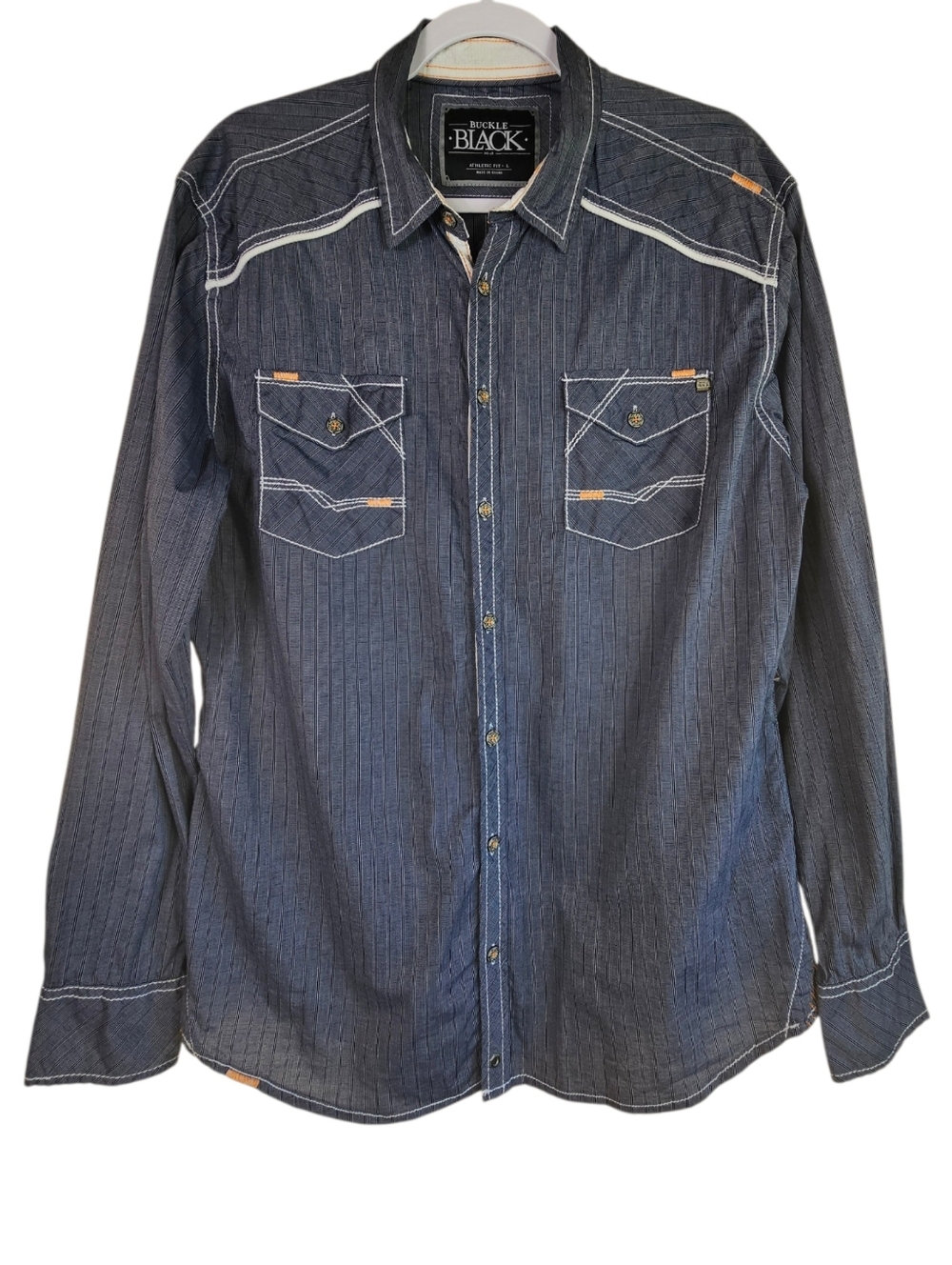 Buckle Black Men's Athletic Fit Dark Blue Pinstripe Button-Down Shirt
